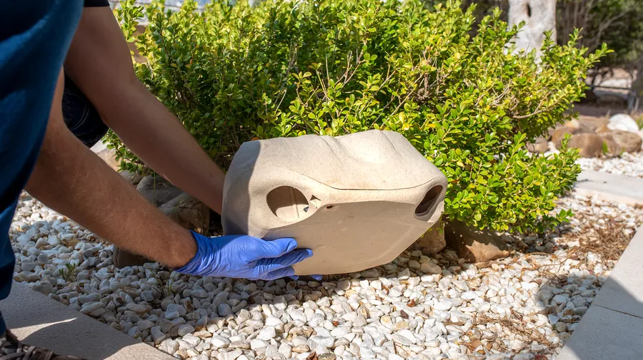 Pest control technician installing a tamper-resistant rodent bait station outside a commercial property